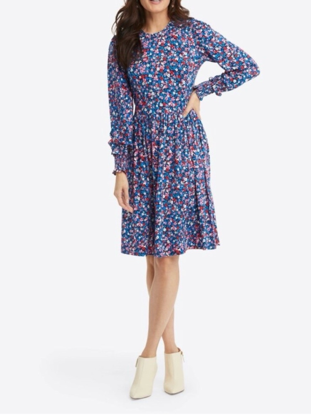 Draper James Blue Floral Long-Sleeve Pleated Waist Dress